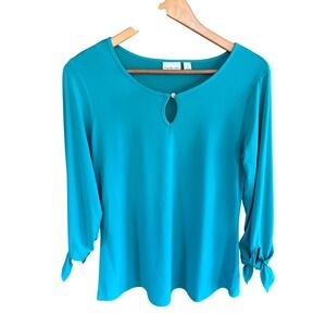 Kim Rogers Teal Blue Keyhole Tie Sleeve Blouse Womens Small 3/4 Sleeve Top
